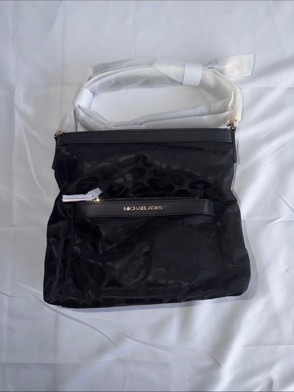 Michael Kors Black Logo-Pattern Nylon Crossbody with Gold Hardware